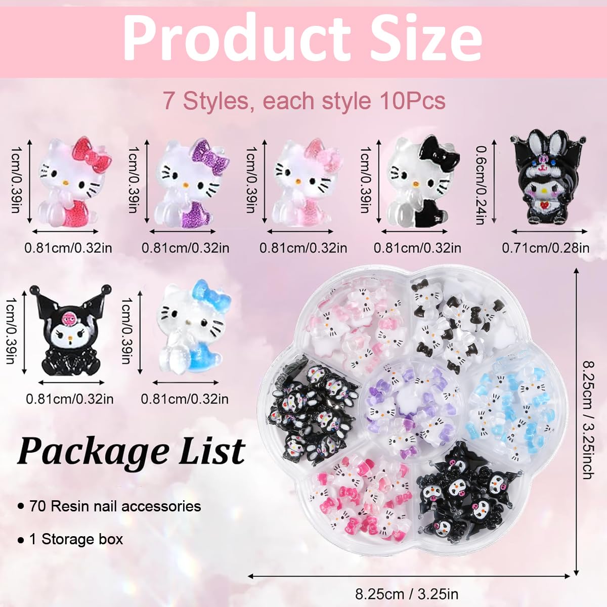MAYCREATE 70Pcs 3D Nail Decals Flatback Nail Decal Charms Sanrio Nail Decal Charms 7 Designs Kuromi and Kitty Themed Resin Cartoon Nail Decals Charms for DIY Nail Art, DIY Handcrafts, Decorations MAYCREATE 70Pcs 3D Nail Decals Flatback Nail Decal Charms Sanrio Nail Decal Charms 7 Designs Kuromi and Kitty Themed Resin Cartoon Nail Decals Charms for DIY Nail Art, DIY Handcrafts, Decorations